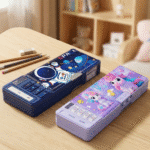 Two colorful pencil cases on a wooden table with a bookshelf in the background.