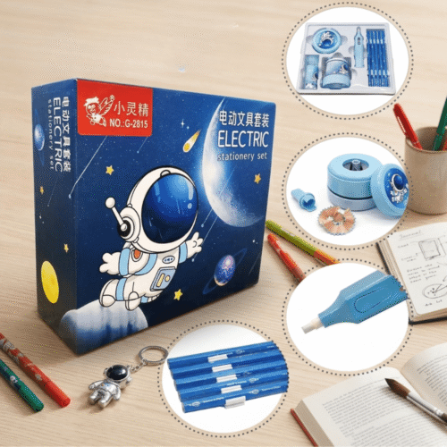 Electric stationery set packaging with stationery items on a wooden surface