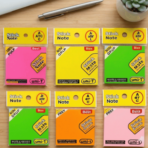 Collection of colorful stick note packages on a wooden surface with a pen and plant in the background.
