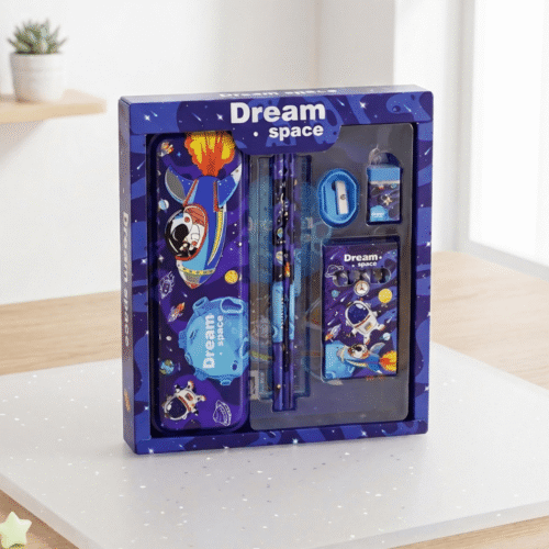 Space-themed stationery set in a box with 'Dream Space' branding on a white surface.