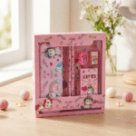 Pink stationery set with unicorn design in a box on a wooden surface.