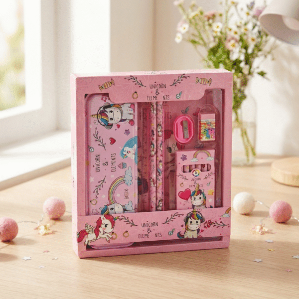 Pink stationery set with unicorn design in a box on a wooden surface.