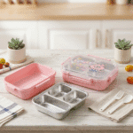 Lovely Cartoon Kids Lunch BoxStainless Steel Lunch BoxCrafty CuddlePink bento box with a cartoon character lid on a wooden table with a metal compartmentalized tray.Yellow