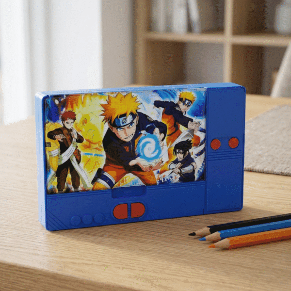 Blue rectangular pencil case with anime character design on a wooden surface