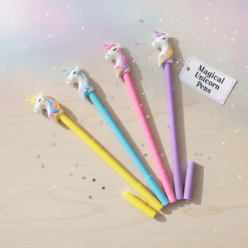 Four colorful pens with unicorn designs on a wooden surface, accompanied by a 'Magical Unicorn Pens' label.