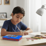 Avengers Jumbo Pencil BoxavengerCRAFTY CUDDLEChild sitting at a desk with stationery items, including colored pencils and a blue box, in a bright room.Avengers Jumbo PBAvengers Gift for KidsAvengers Pencil Box