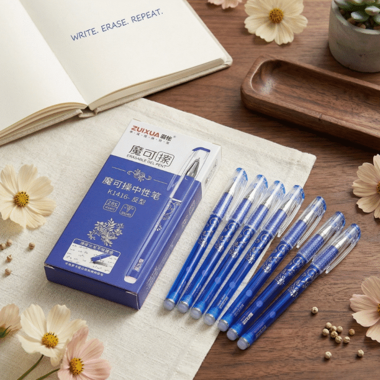 Set of blue pens with packaging on a wooden surface with flowers and an open book.