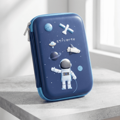 Blue pencil case with space-themed design featuring an astronaut and space elements on a light gray surface.