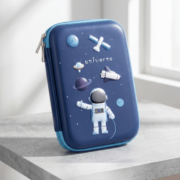 Blue pencil case with space-themed design featuring an astronaut and space elements on a light gray surface.