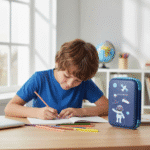 Astronaut EVA Hard Shell Pencil CasePencil PouchCRAFTY CUDDLEChild writing at a desk with a blue pencil case featuring an astronaut design.pencilcase pencilbox schoolsupplies stationery stationerylover stationeryaddict kidsstationery backtoschool schoolessentials studentlife stationeryshop schoolbag stationeryitems pencilpouch schoollife giftforkids kidsgifts