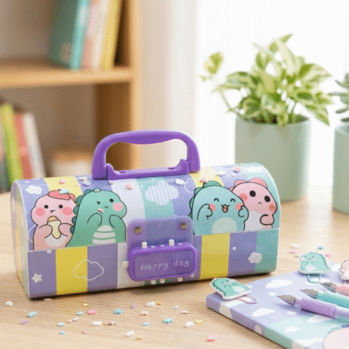 Colorful stationery case with cartoon designs on a desk with books and plants in the background