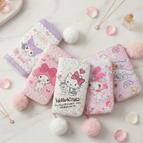 Collection of colorful pouches with cartoon designs on a light surface.