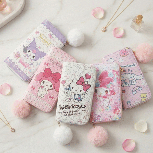 Collection of colorful pouches with cartoon designs on a light surface.