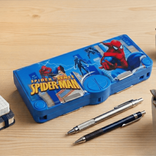 Spider-Man pencil case with two pens on a wooden surface
