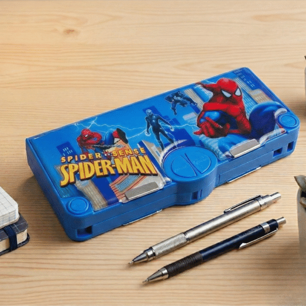 Spider-Man pencil case with two pens on a wooden surface