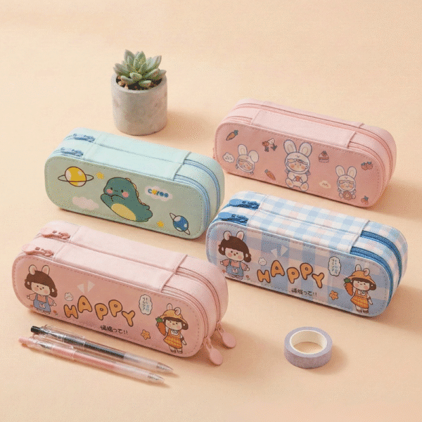 Four colorful pencil cases with cartoon designs on a beige background