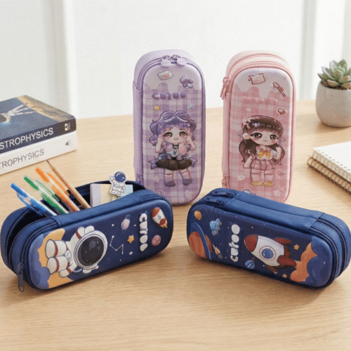 Four colorful pencil cases with cartoon designs on a wooden surface.