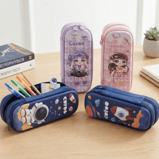 Four colorful pencil cases with cartoon designs on a wooden surface.