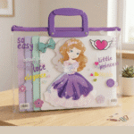 Transparent Kids Document BagKids BagsCrafty CuddleClear storage bag with purple handle featuring a princess design on a wooden surface.PrincessKidsFileBag CartoonStationery KidsOrganizer SchoolSupplies CuteStationery KidsDocumentBag StationeryLovers KidsSchoolEssentials A4FileBag TransparentBag