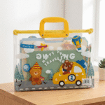 Transparent Kids Document BagKids BagsCrafty CuddleClear plastic bag with cartoon bear design on a wooden surfaceBear CarKidsFileBag CartoonStationery KidsOrganizer SchoolSupplies CuteStationery KidsDocumentBag StationeryLovers KidsSchoolEssentials A4FileBag TransparentBag