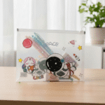 Transparent Cartoon Zipper PouchPencil PouchCrafty CuddleClear pouch with space - themed designs on a wooden surfaceSpace Adventurekids pencil pouch transparent pencil case cartoon stationery pouch cute zipper pouch kids stationery organizer clear pencil pouch school supplies pouch kawaii stationery pouch travel stationery pouch kids pencil case