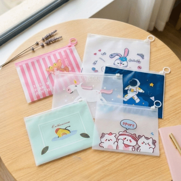 Set of small pouches with cartoon designs on a wooden surface