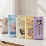 Four packages of baby wipes with cartoon characters on a white surface.