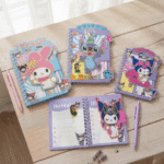 Notebooks with cartoon character designs on a wooden surface