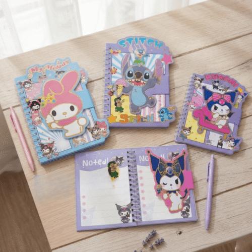 Notebooks with cartoon character designs on a wooden surface