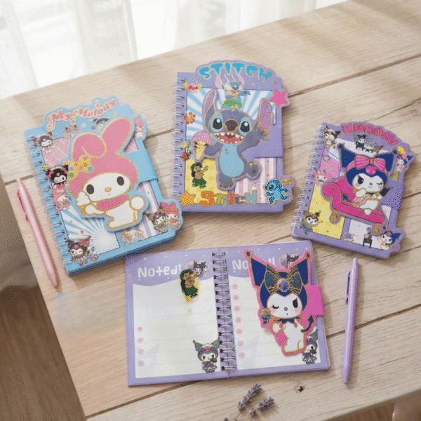 Notebooks with cartoon character designs on a wooden surface