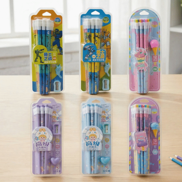 Six packages of pencils with cartoon characters on a wooden surface