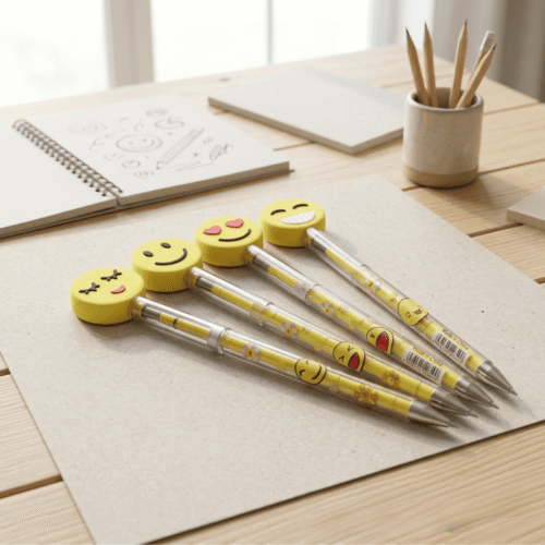 Four pens with emoji-style barrel designs on a wooden desk.