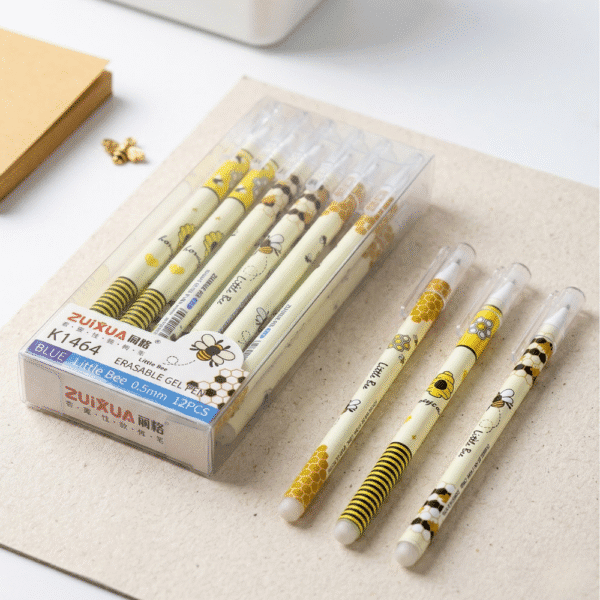 Set of ZUIXUA bee-themed gel pens with packaging on a light surface