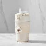 Cute Bear Vacuum CupBear Tumbler with StrawCrafty CuddleCream - colored tumbler with a bear design on a light gray backgroundCream450ml water bottleanti spill bottle