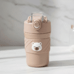 Cute Bear Vacuum CupBear Tumbler with StrawCrafty CuddleWater bottle with bear design on a light backgroundBrown450ml water bottleanti spill bottle