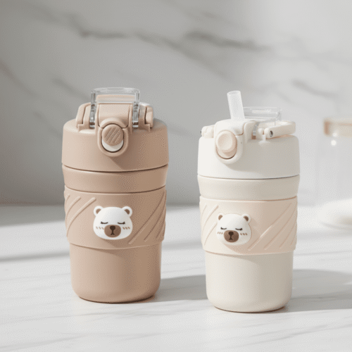 Cute Bear Vacuum CupBear Tumbler with StrawCrafty CuddleTwo bear - themed water bottles on a light surface with a neutral backgroundCream450ml water bottleanti spill bottle