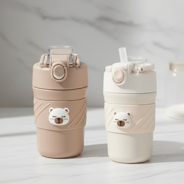 Cute Bear Vacuum CupBear Tumbler with StrawCrafty CuddleTwo bear - themed water bottles on a light surface with a neutral backgroundCream450ml water bottleanti spill bottle