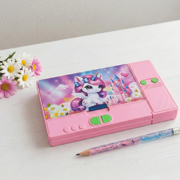 Pink pencil case with unicorn design on a white surface with flowers