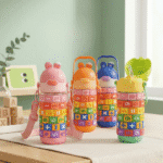Educational Water Bottle with Rotating Number RingsCartoon Kids Water BottleCrafty CuddleSet of colorful children's water bottles with animal designs on a light surface.Green