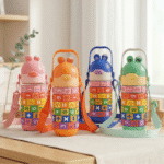 Four colorful children's water bottles with animal designs on a light surface.