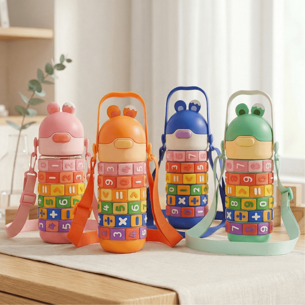 Untitleddesign_51_eeee2eec-9446-4244-94b7-7c0a63ed2c2b Four colorful children's water bottles with animal designs on a light surface.