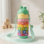 Colorful children's educational water bottle with a frog design on a light surface.