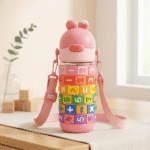 Educational Water Bottle with Rotating Number RingsCartoon Kids Water BottleCrafty CuddleColorful children's water bottle with number and letter design on a light backgroundPink