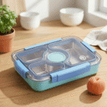 Stainless Steel Bento Lunch BoxStainless Steel Lunch BoxCrafty CuddleBlue and clear bento box on a wooden table with a peach and plant in the backgroundBluelunchbox bentobox kidslunchbox schoollunch bentolunchbox lunchboxideas leakprooflunchbox stainlesssteellunchbox schoolessentials kitchenessentials