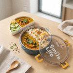 Round Stainless Steel Compartment Lunch BoxStainless Steel Lunch BoxCrafty CuddleOpen lunch box with 'Smile Life' text on a wooden tableYellowlunchbox bentobox tiffinbox lunchboxideas mealprep schoollunch officeessentials foodstorage kitchenessentials leakprooflunchbox