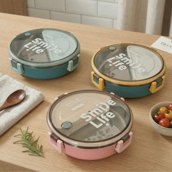 Three lunch box with 'Smile Life' text on a wooden table