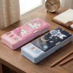 Two colorful pencil cases on a wooden desk with stationery items.
