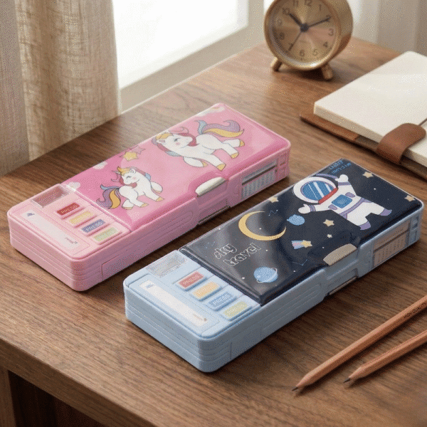 Two colorful pencil cases on a wooden desk with stationery items.