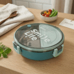 Round Stainless Steel Compartment Lunch BoxStainless Steel Lunch BoxCrafty CuddleTeal lunch container with 'Smile Life' text on a wooden table with a bowl of vegetables and a spoon.Greenlunchbox bentobox tiffinbox lunchboxideas mealprep schoollunch officeessentials foodstorage kitchenessentials leakprooflunchbox