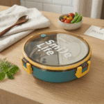 Round Stainless Steel Compartment Lunch BoxStainless Steel Lunch BoxCrafty CuddleGreen lunch box with 'Smile Life' text on a wooden tableYellowlunchbox bentobox tiffinbox lunchboxideas mealprep schoollunch officeessentials foodstorage kitchenessentials leakprooflunchbox